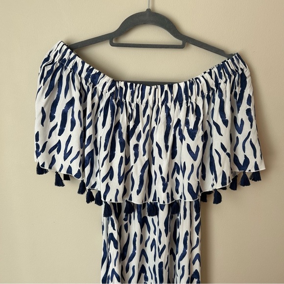 La Mer Luxe Off The Shoulder Navy Blue White Pattern Maxi Dress Size Small - Picture 3 of 7